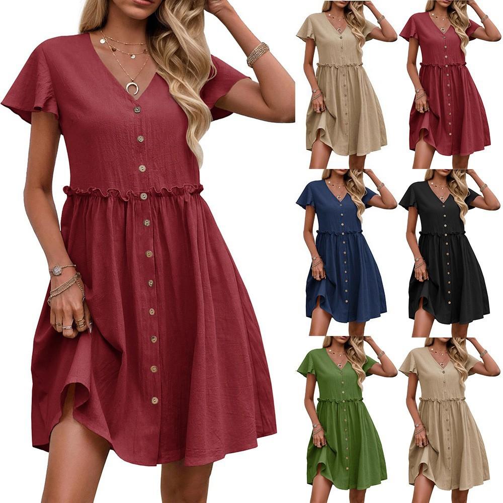 Женские летние хлопковые пляжные повседневные платья А-силуэта с пуговицами и рукавами-бабочками и карманами