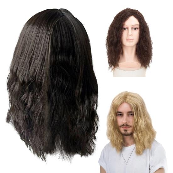 Men Wig Headgear Curly Blond Vintage Shoulder Length Handsome Corn Perm Chemical Fiber Full Head Set Soft Natural Hair Extensions