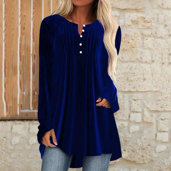 Women Velvet Shirt V-Neck Buttons Half Placket Long Sleeve Asymmetric Hem Pullover Tops Solid Color Mid-length Blouse