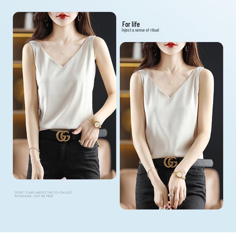 Женская летняя шелковая майка, атласный топ с V-образным вырезом, уникальный базовый слой.