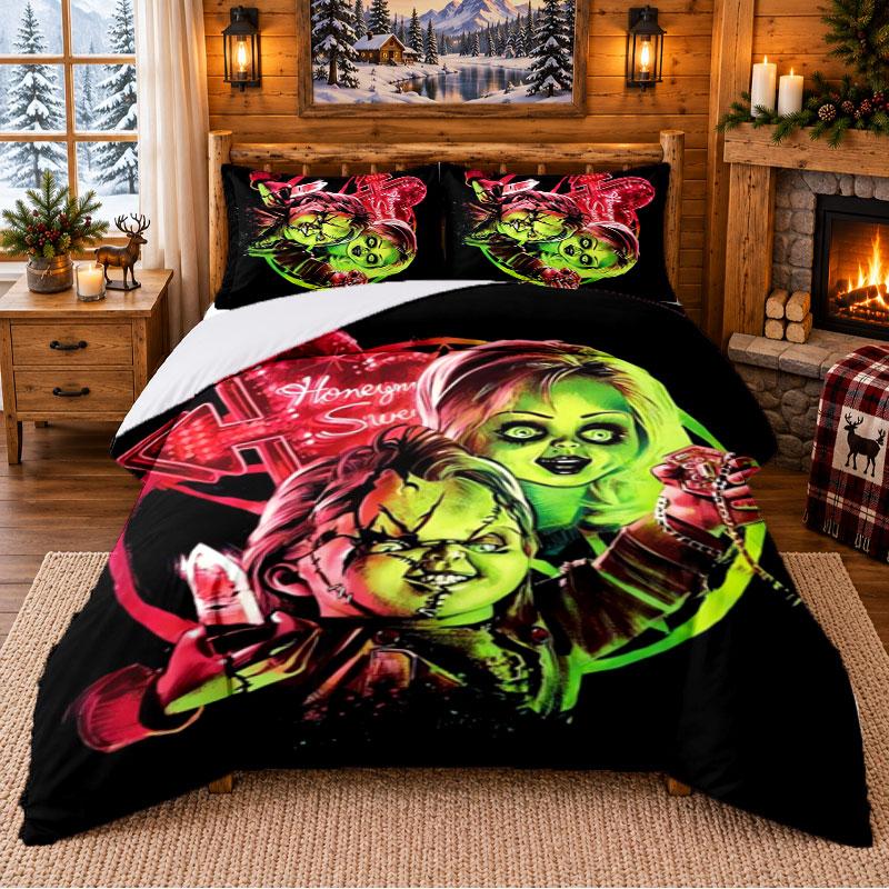 Child's Play Chucky Tiffany Pattern Bedding 3Pcs Set Bed Sheet And Pillowcases For Indoor Bedroom