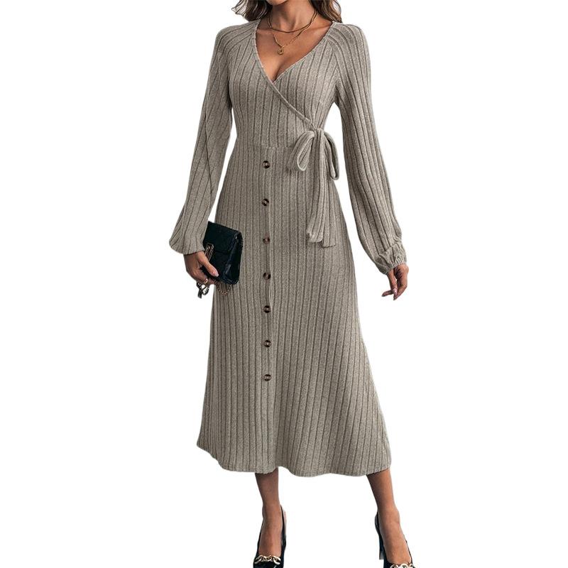 Autumn and Winter Women's Mid-length Dress V-neck Solid Colour Button Tie A Hem Knitted Dresses