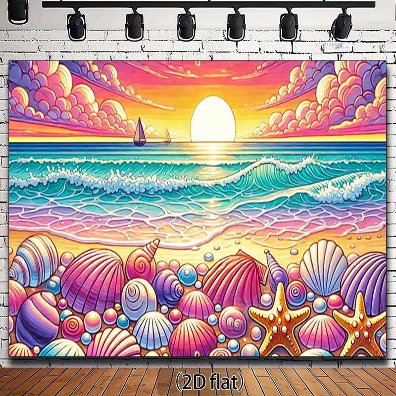 2D Ocean Party Backdrop, Colorful Seashell Beach Sunset Background for Studio