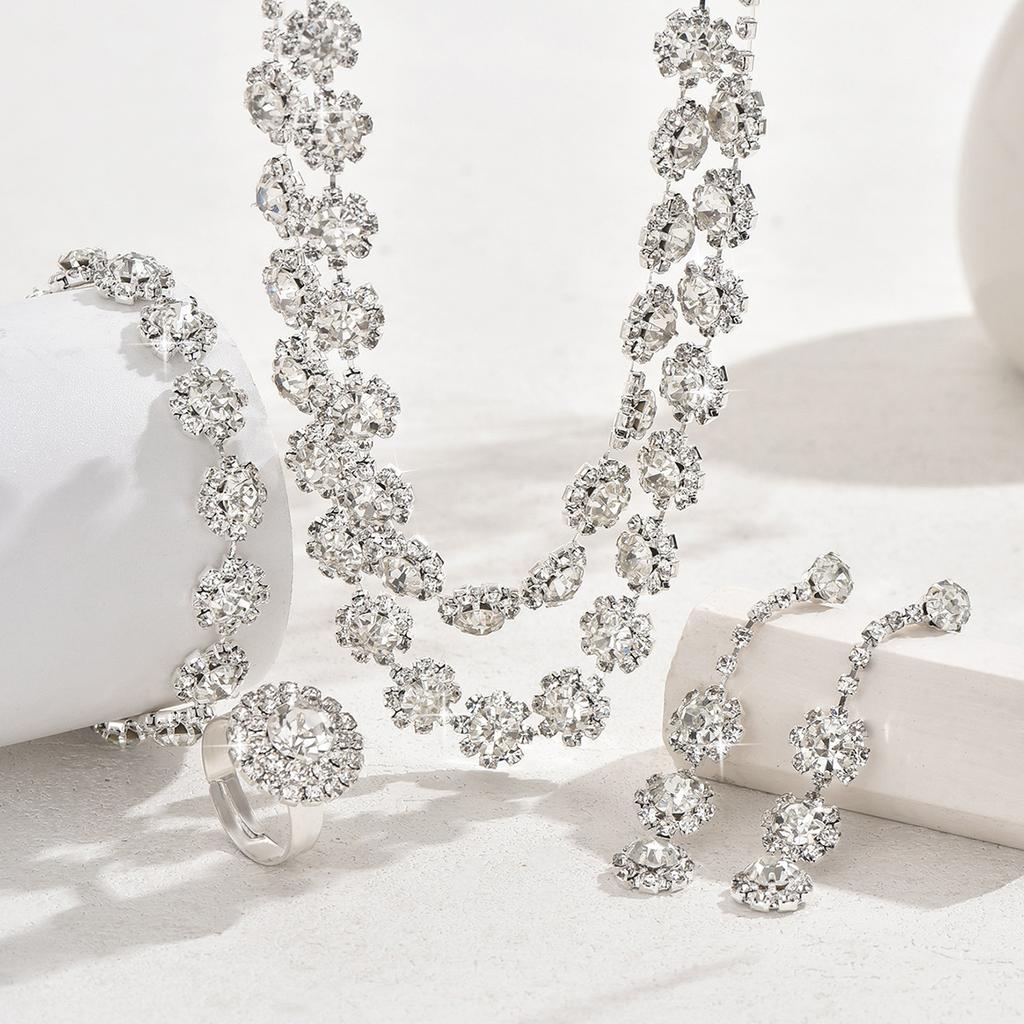 Women Inlaid Rhinestone Chain Necklace Earrings Bracelet Wedding Party Festival Gift