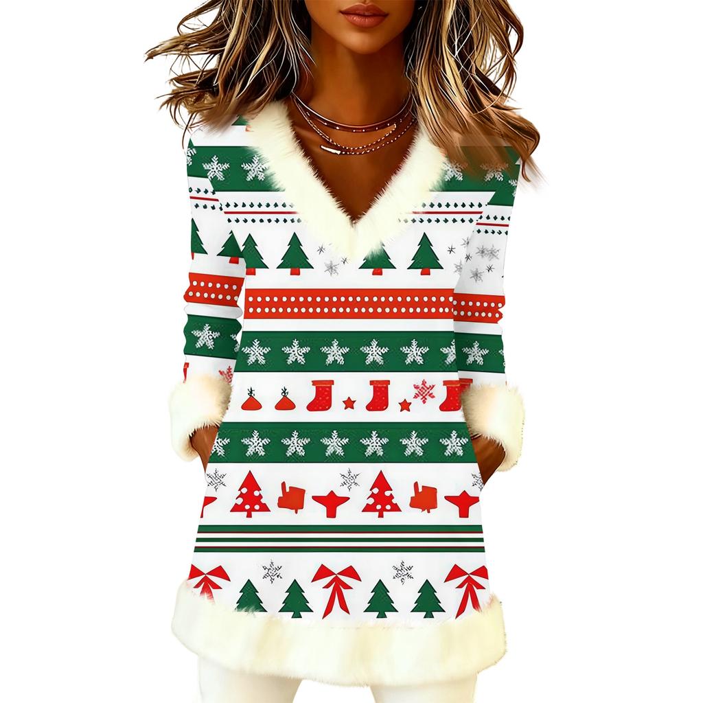Women's Christmas Fashion Plush V-Neck Pullover Printed Long-Sleeved Top