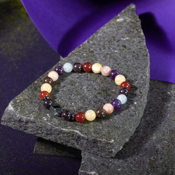 Браслет Овен Аквамарин, аметист, бордовый гранат, гранат, солнечный камень, кальцит, кровавый камень, красный агат, зеленый авантюрин