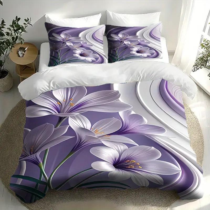 Пододеяльник с узором из фиолетовых цветов в стиле легкой роскоши, размер Queen King, 3D-печать, мягкое и удобное постельное белье, комплект из 3 предметов