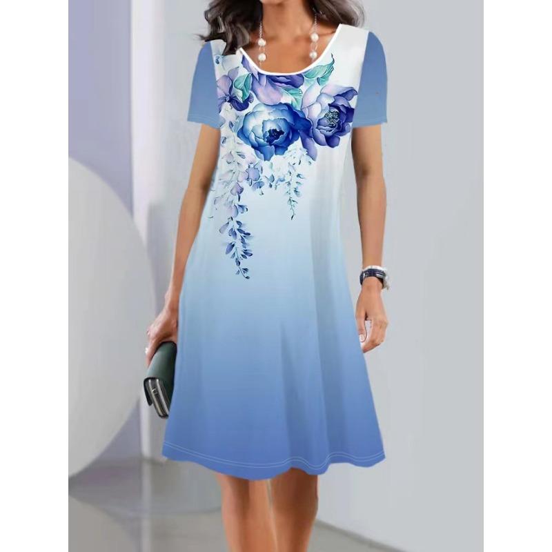 Summer Women's Dress Printed Short Sleeve Round Neck Midi Dresses
