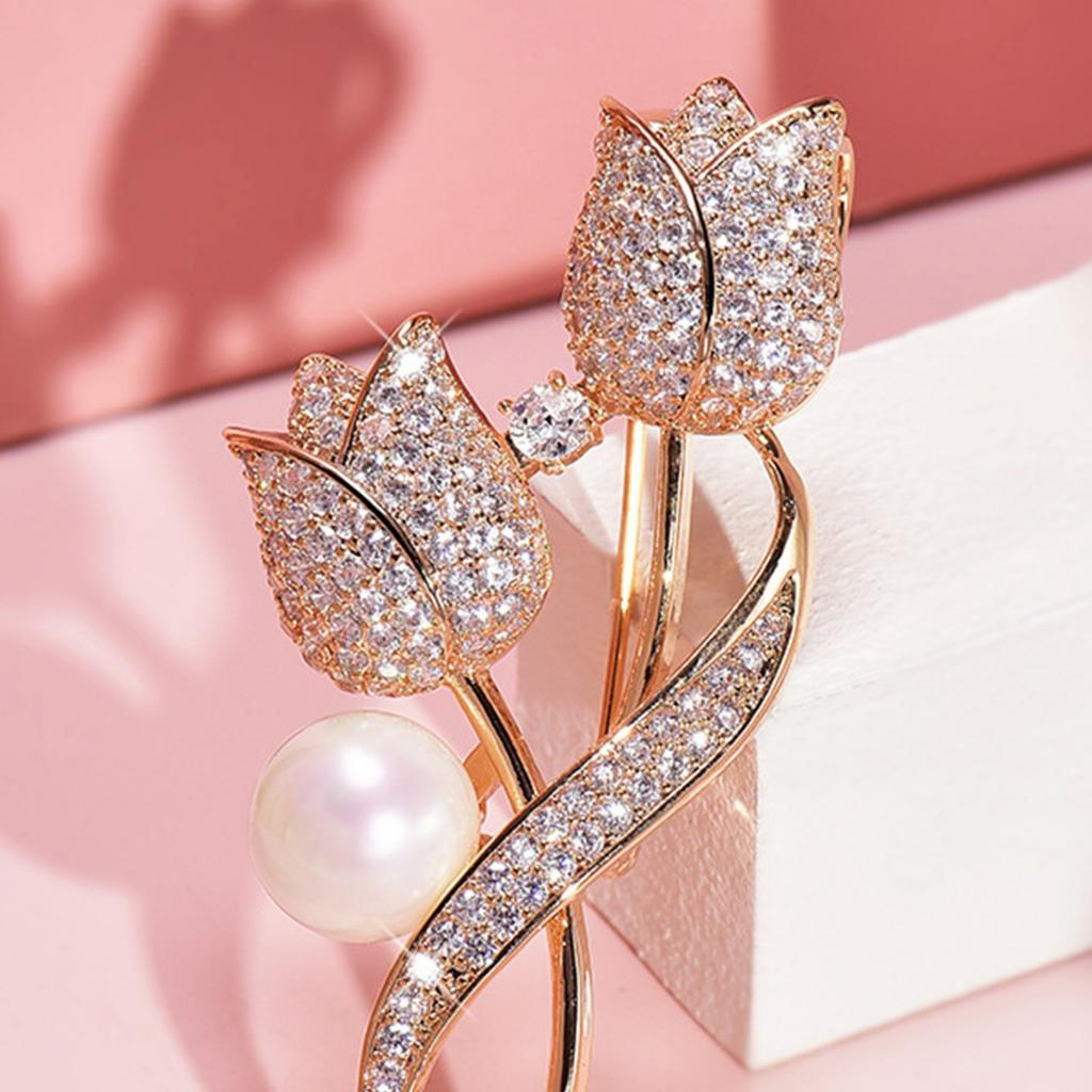Accessories Tulip Pearl Ladies Brooch High-End Suit Coat Pin Diamond Alloy Corsage Women