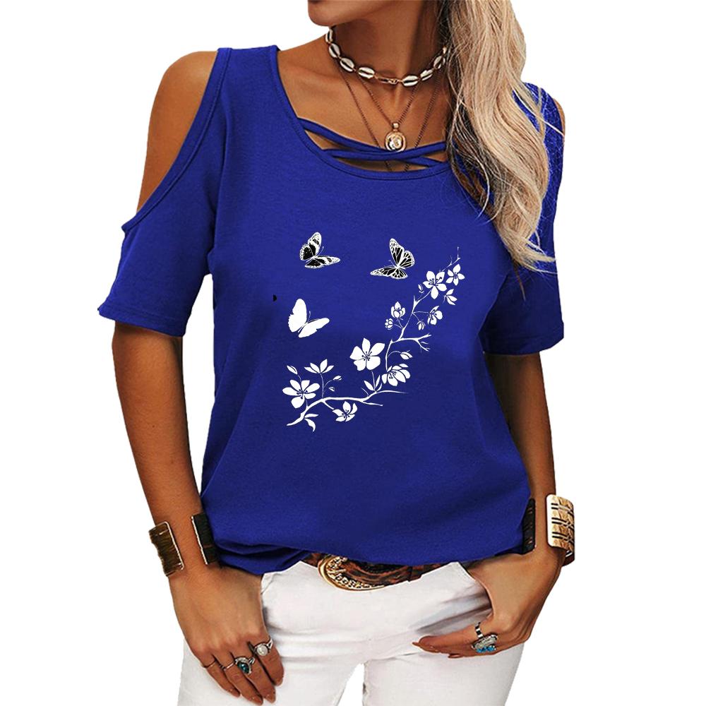 Women Fashion Off Shoulder Top Casual Round Neck Summer Tee Shirt Print Short Sleeve T-shirt