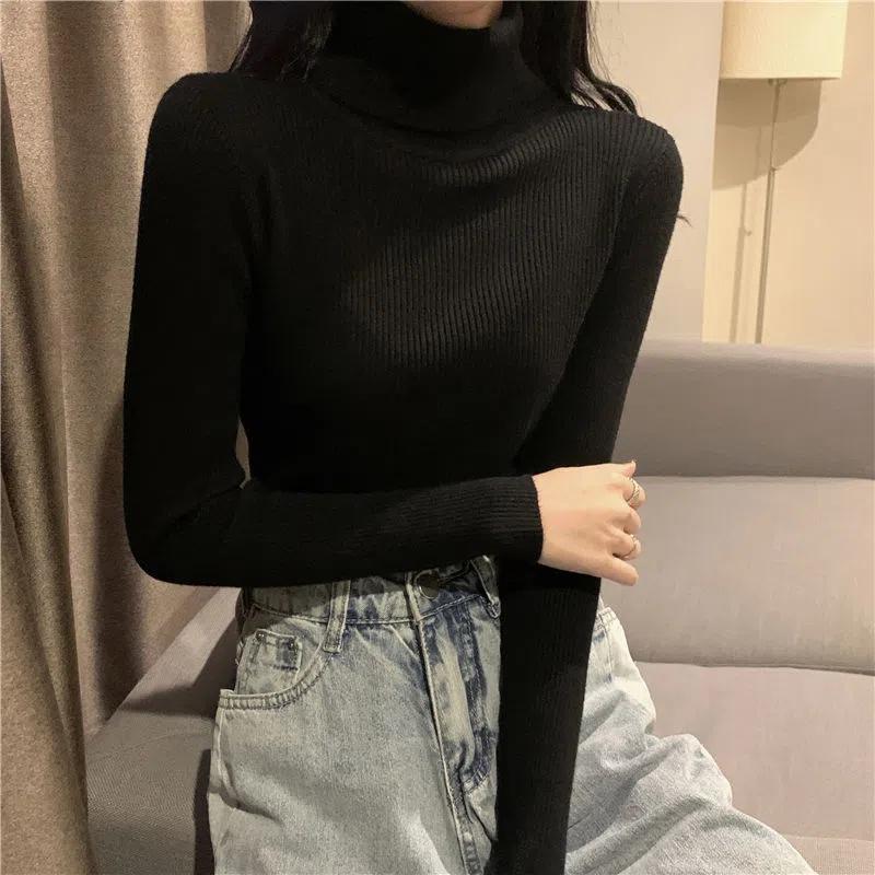 Turtleneck Pullovers Sweaters Women Autumn Winter Knitted Shirts Solid Color Long Sleeve Slim-fit Tight Jumper Tops