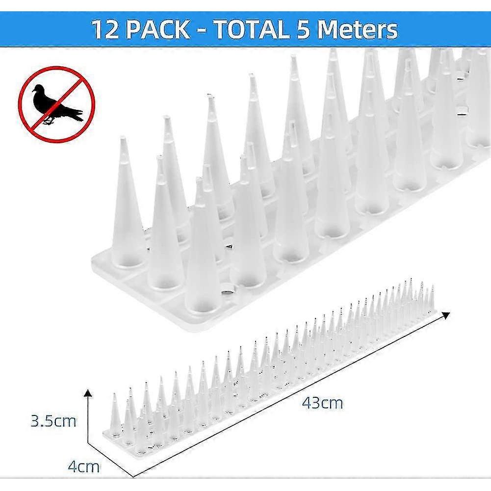 5 Meter Pigeon Spikes, 3 Rows Plastic Pigeon Repellent Bird Repellent Crow Repeller Cat Repellent For Balcony, Fences And Roof - Pack Of 12 (white)