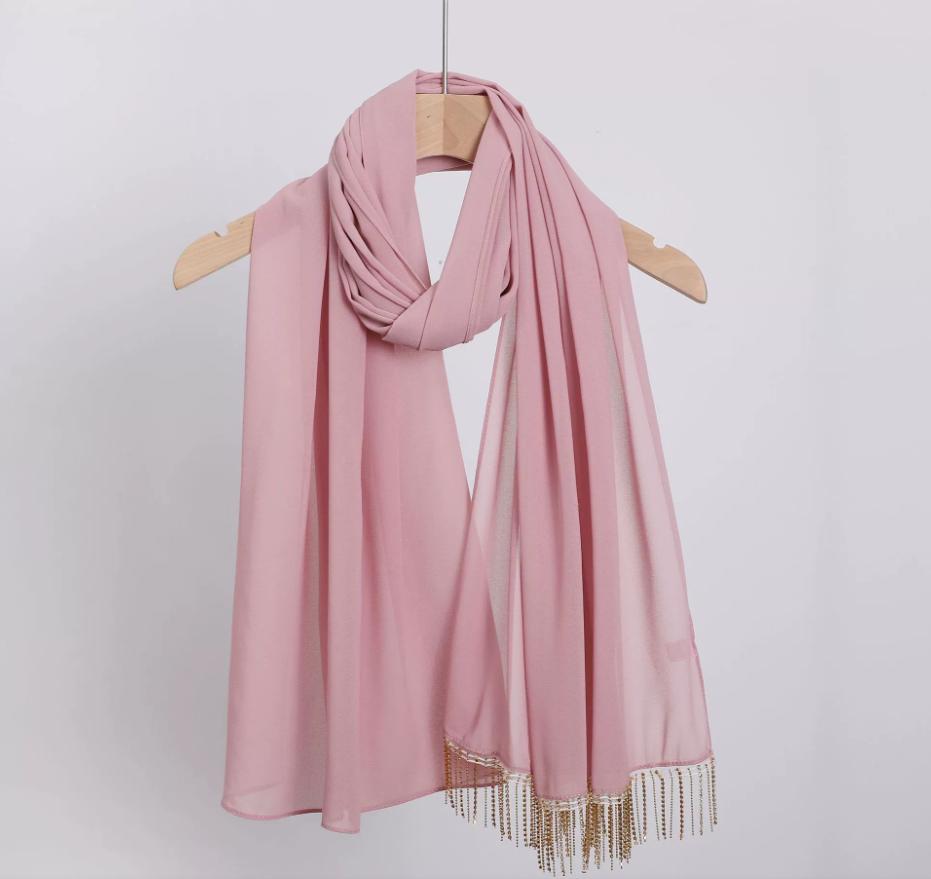 Fashion Muslim Chiffon Hijabs With Chains Diamonds Glitter Shimmer Long Shawls Headscarf Wraps Islamic Headband Turban Scarves