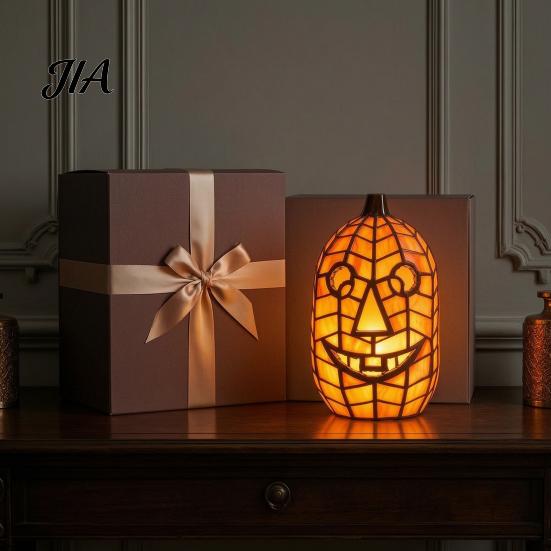 Collectable Artistic Lamp Stained Glass Pumpkin Lamp, Halloween Fall Table with Warm Glow, Decorative Shelf Display USB Powered Resin Orange