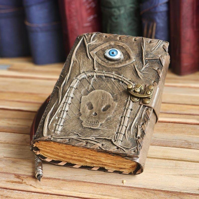 Gothic Spellbook Journal with Skull & Eye Design | 200 Page Fantasy Leather Notebook | Dark Aesthetic Grimoire with Lock, Book of Shadows