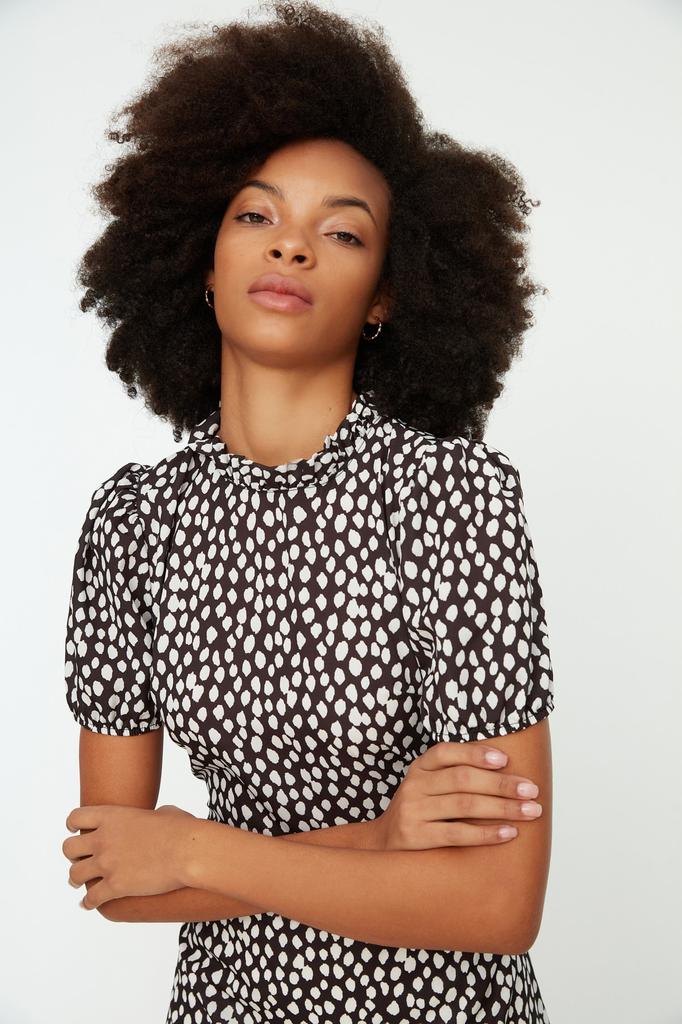 Women's Fashion New Dress Green Floral Patterned A-Line Flounce Lined Midi Woven Dress