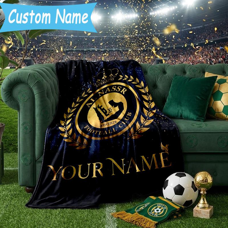 Custom Name Al-Nassr Football Club Flannel Blanket, Use for Birthday/Holiday Gift, Soft Blanket for Sofa/Bed/Camping/Office, Home Decor