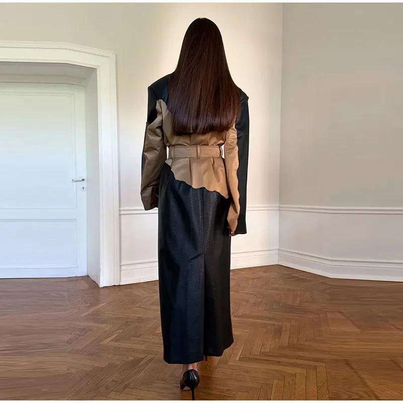 Контрастная кожаная длинная женская куртка со шнуровкой на лацканах с длинным рукавом, женская макси-куртка из искусственной кожи, осенне-зимнее уличное женское пальто с карманами