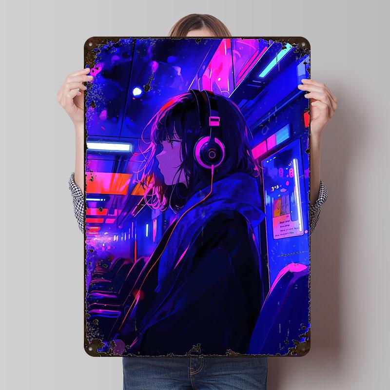 Anime Girl in Neon Train Printed Poster Customized Wall Art Retro Vintage Metal Tin Signs for Home Bathroom Decor House Items