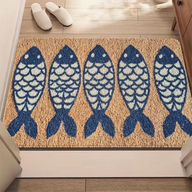 The Door Mat with Fish Pattern and "JUST GO FISHING" Printed on It Is A Soft Mat Bedroom Bathroom Living Room Entrances Carpet