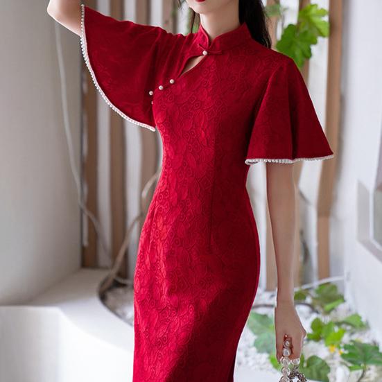 Красное кружевное женское платье Cheongsam, элегантное тонкое платье в стиле ретро с воротником-стойкой и рукавами 3/4, жаккардовое кружево Ципао, вечернее свадебное платье в китайском стиле