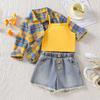 Girls' Fashion Set Children's Casual Checkered Shirt, Halter Top and Jeans Three-piece Set