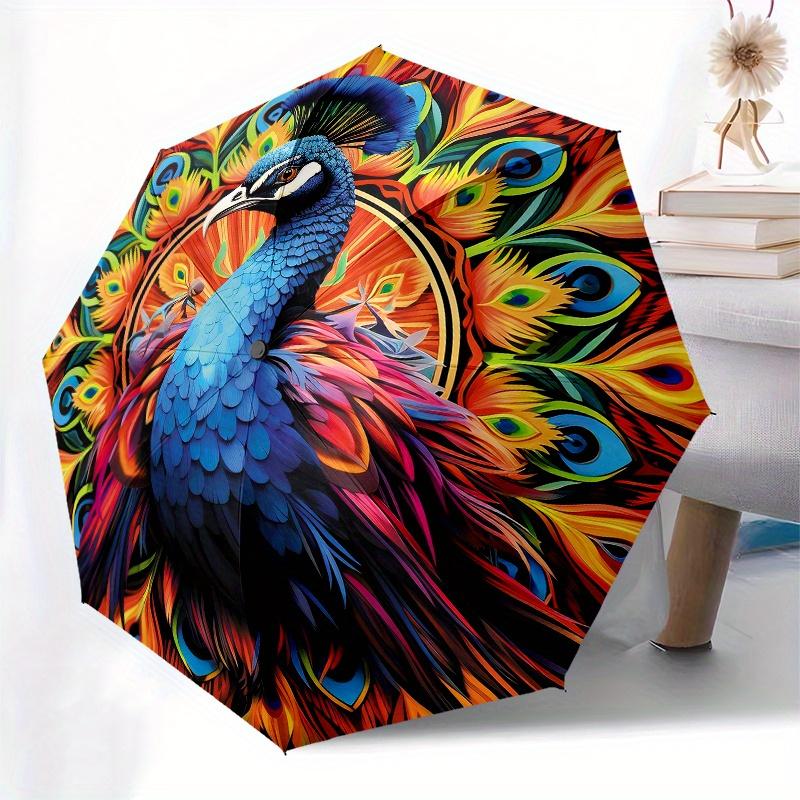 Peacock Feathers Theme 8 Bone Hand Automatic Folding Fashion umbrella, Compact and Portable Design, A Perfect Gift for Birthday, Christmas o