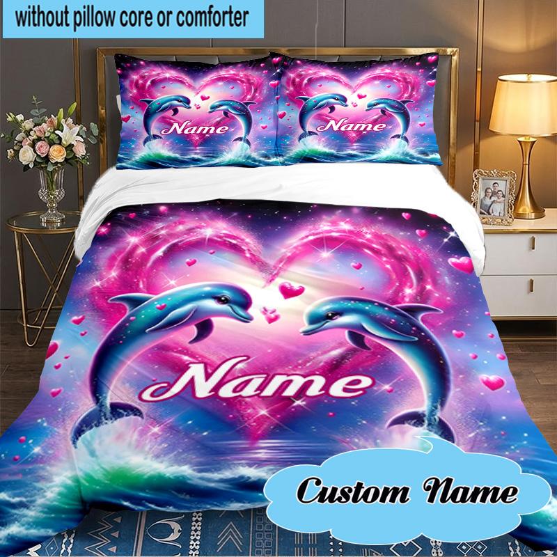 Custom Name 3PCS Love Dolphins Heart Bedding Set Including 1pc Duvet Cover And 2pcs Pillowcases for Bedroom, Dormitory Gift Home Decor