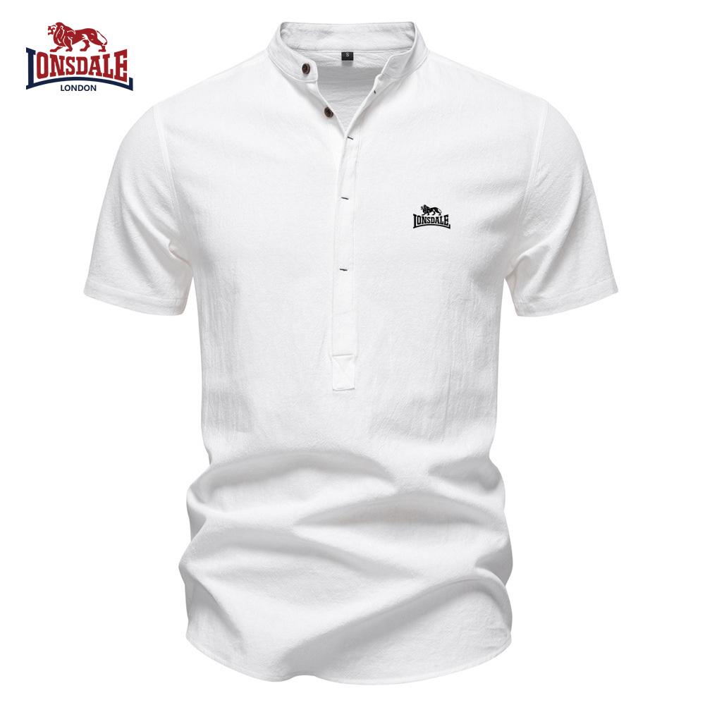 Lonsdale Лето 2026 Новая вышитая рубашка в стиле business casual для мужчин, хлопково-льняная рубашка с коротким рукавом, рубашка с воротником-стойкой, хлопковая рубашка