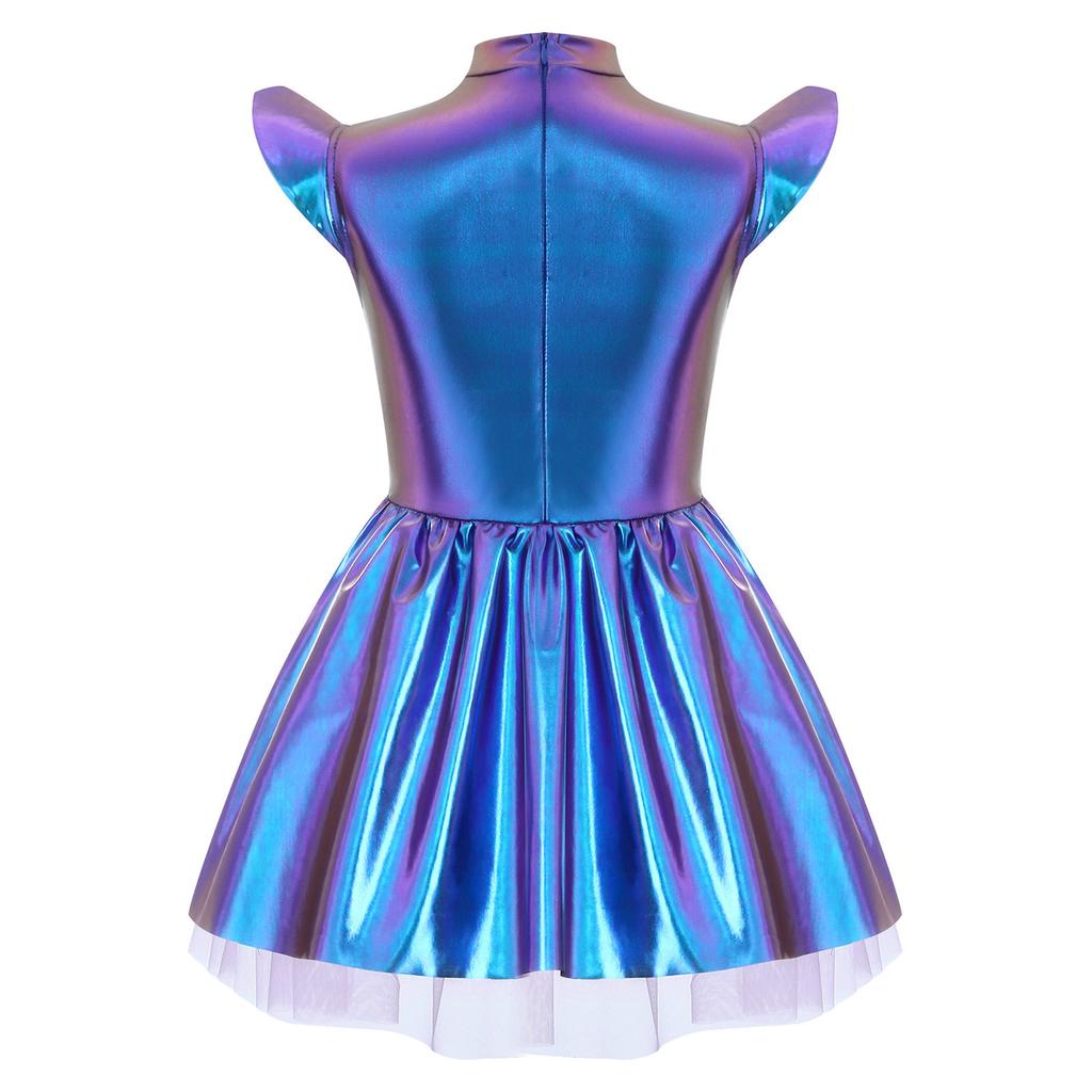 Переливающееся инопланетное платье-пачка для девочек, Блестящий костюм с воротником-стойкой, летящими рукавами и молнией на спине, Для сценических выступлений и вечеринок