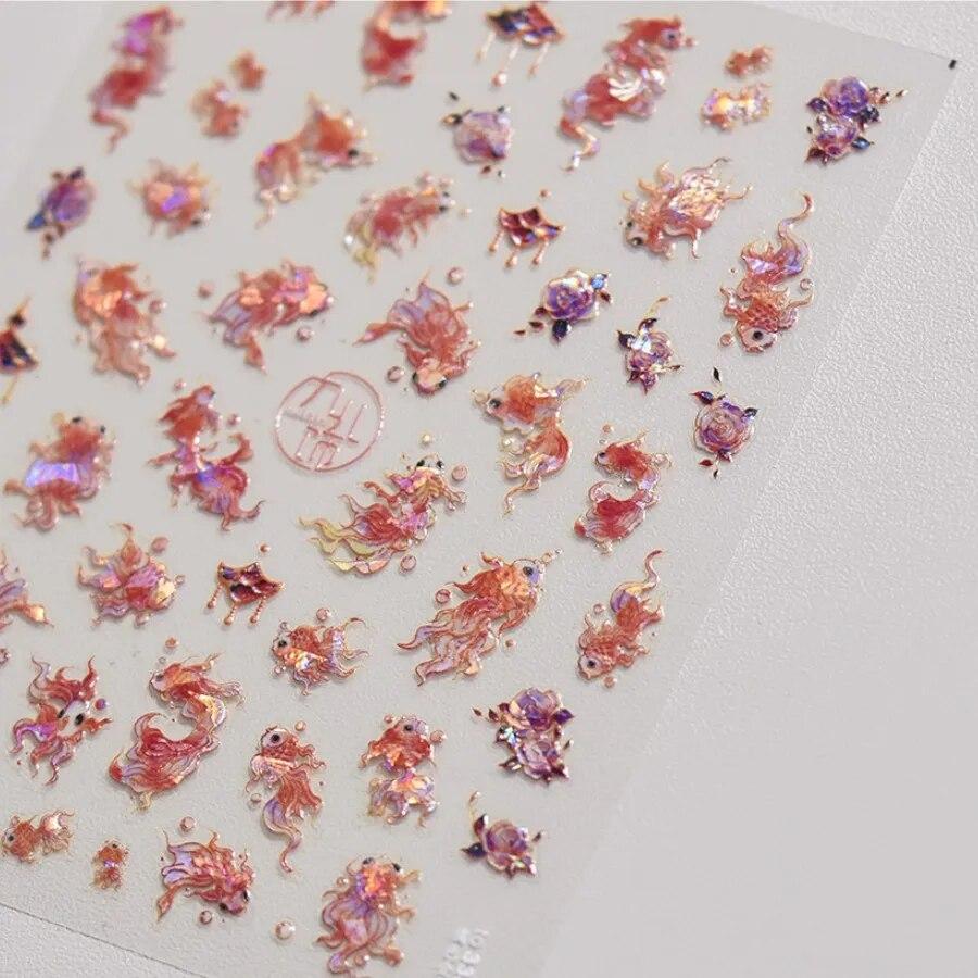 1Pcs Embossed Glitter Fish Nail Art Stickers Pink Yellow Red Self-adhesive Transfer Nail Decorations Slider Decals DIY