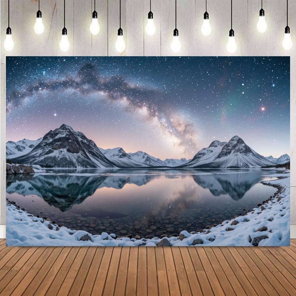 Winter Night Sky With Aurora Backdrop Snow Scene Mountains Lake Forest Starry Sky Natural Landscape Decor Photography Background1