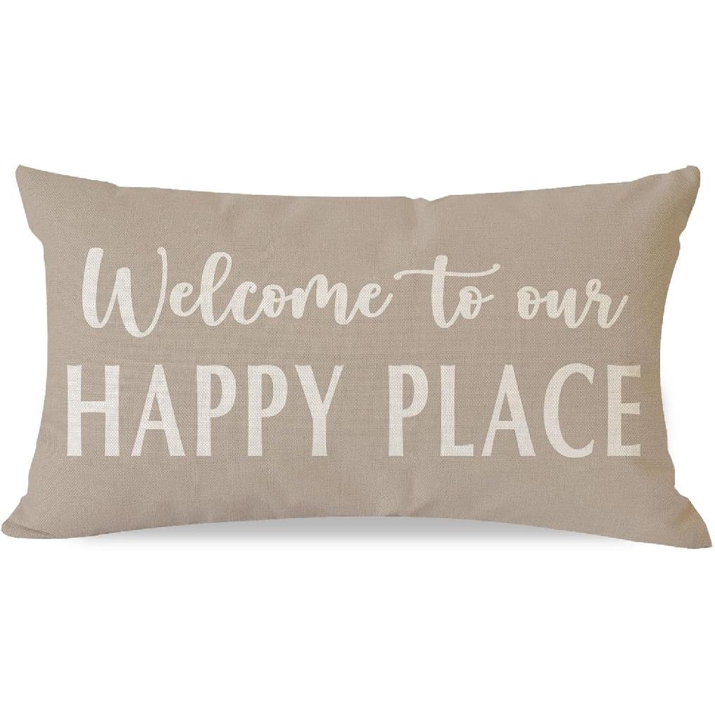 Decorative Throw Pillow Cover 12x20 Inch Welcome to Our Happy Place Black White Outdoor Modern Farmhouse Front Porch Patio Decor Lumbar Cushion Case