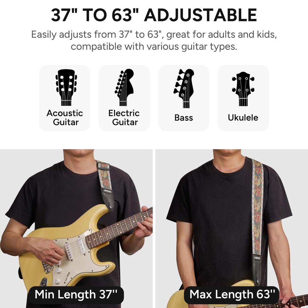 Amumu Guitar Strap 5cm Wide Vintage Paisley with Premium Leather Fits and Adjustable from 94cm To 160cm - Ends, Acoustic, Electric, Bass,