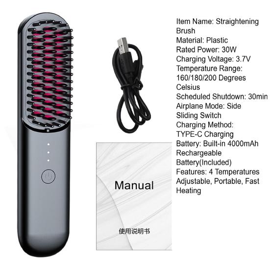 Hair Straightener Brush 3 Temp Adjustable Fast Heating Rechargeable Cordless Negative Ions Hot Brush Electric Fluffy Curly Hair Styling Detangling