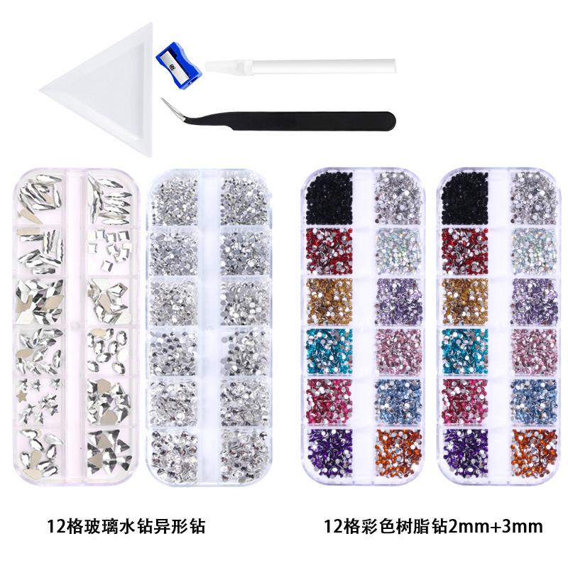 12 Grid White Rhinestone Special-Shaped Diamond, Colored Resin Diamond, Flat-Bottomed Diamond, Nail Diamond Set, Nail Jewelry With Tools