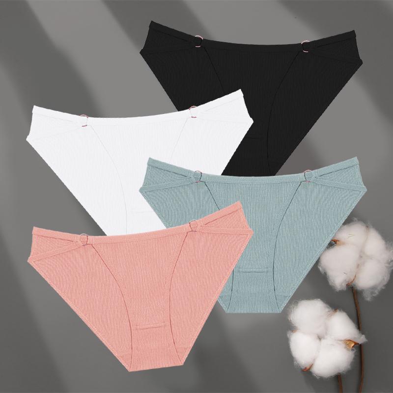 4Pcs Cotton Striped Underwear Women's Double Belt Panties Sexy Low Waist Solid Briefs Female Breathable Comfort Lingerie