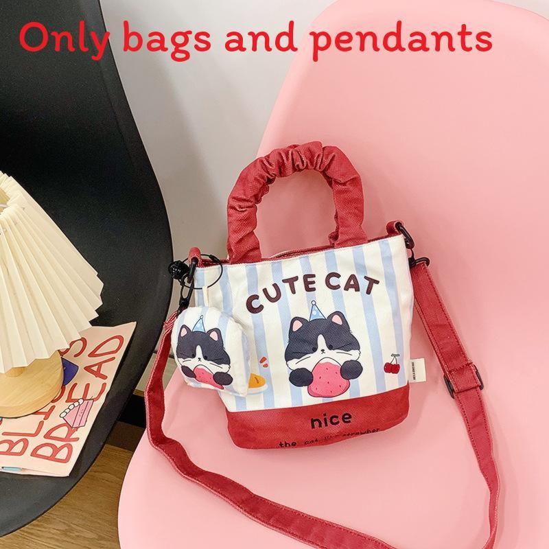 Canvas Cartoon Cat And Bear Print Bucket Bag With Zipper Inner Pocket For Daily Outings