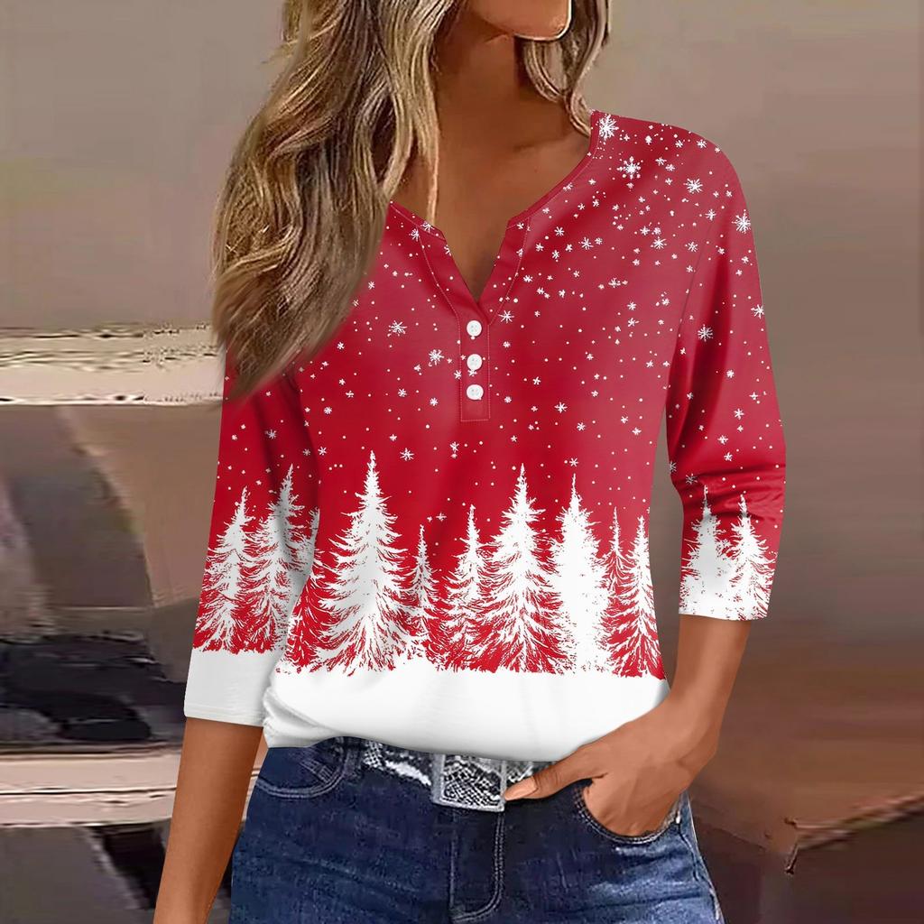 Женская футболка с рождественским принтом, на пуговицах, рукав 3/4, повседневная, выходного дня, модная, базовая, с V-образным вырезом, стандартный топ