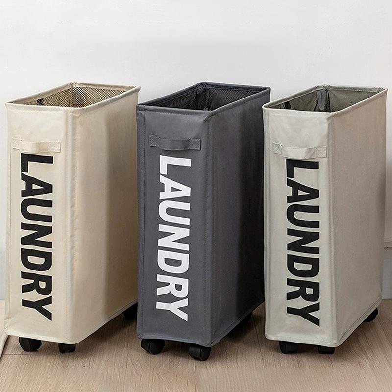 Foldable Slim Laundry Basket with Wheels Laundry Hamper with Handle Dirty Clothes Organiser Yoga Mat Equipment Storage Basket