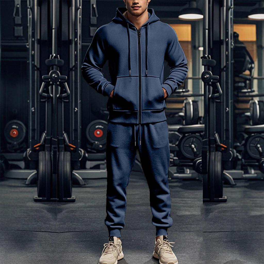 Мужской однотонный спортивный костюм с капюшоном и длинными рукавами, флисовый теплый костюм-двойка