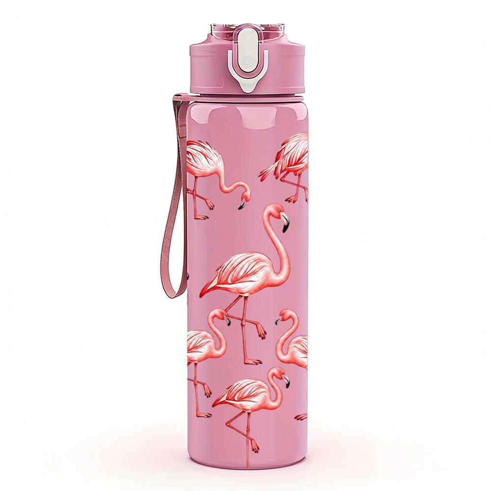 1PC Flamingo Group Heart Shape 750ml Color Plastic Sports Water Bottle Leakproof Flip Straw Lid Suitable for Sports Office Home Use