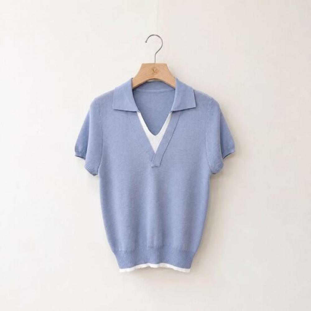 Mizqz Women Layered V Neck Color Block Short sleeVe Knit