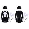 Girls Magician Costume Set Long Sleeve Bow Tie Back Zipper Sequin Leotard Hat Magic Wand Gloves