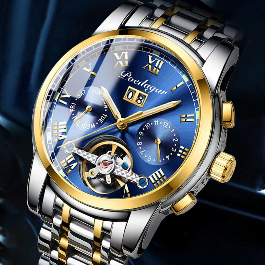 POEDAGAR Новые роскошные мужские часы ТОП-бренда с коробкой, автоматические водонепроницаемые полые многофункциональные светящиеся мужские механические часы