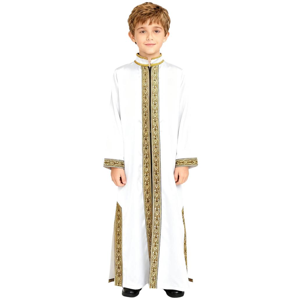 Boys Arab Gown Islamic Robe Long Sleeve Stand Collar Gold Embroidery Maxi Kaftan Festival Holiday Costume