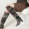 lenkisen Ткань с камуфляжным узором, осенне-зимняя обувь, супертонкие высокие каблуки, плиссированные ботинки, европейские теплые сапоги выше колена