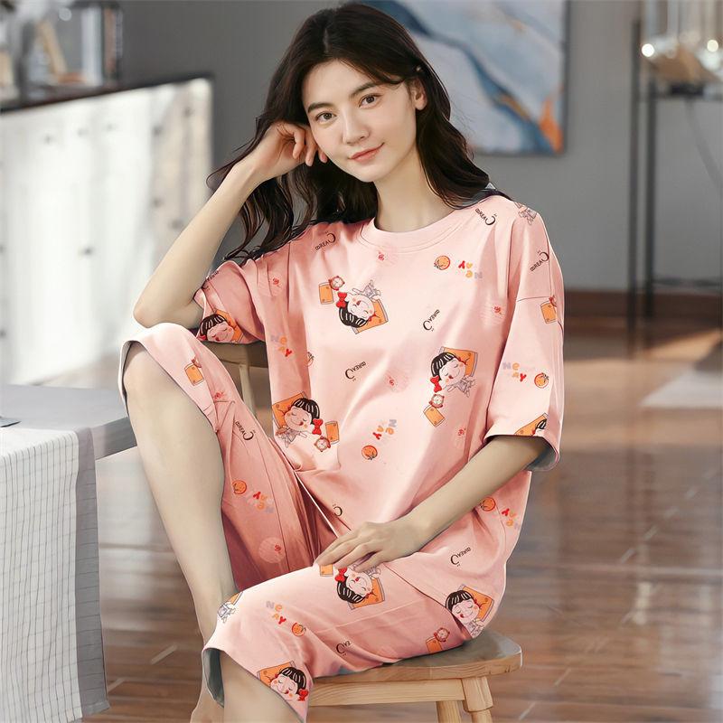 Летние капри в клетку женские пижамы для сна с короткими рукавами пижамные комплекты с рисунком пижамы из полиэстера 3XL 5XL домашняя мода