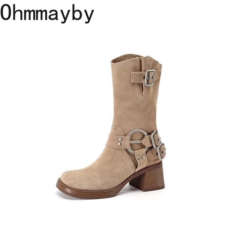 Fashion Square High Heel Women Western Cowgirl Boots Fashion Belt Buckle Slip On Shoes Retro Style Autumn Winter Ladies Mid Calf Booties