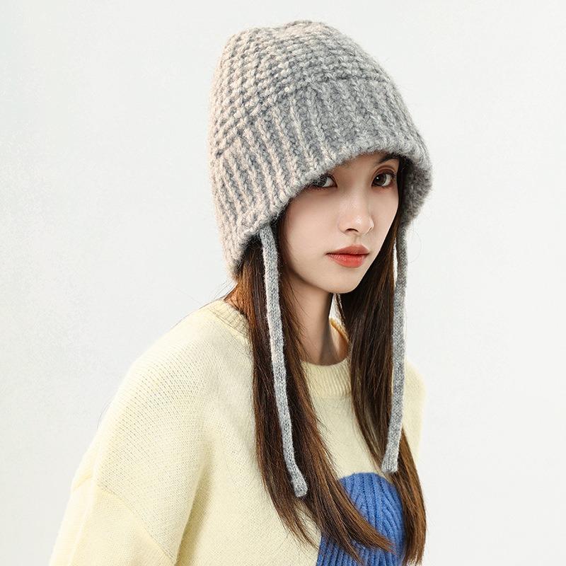 Осень и зима новая универсальная вязаная шапка с лямками женская теплая и холодная шапка для защиты ушей показывает лицо маленькая модная шерстяная шапка